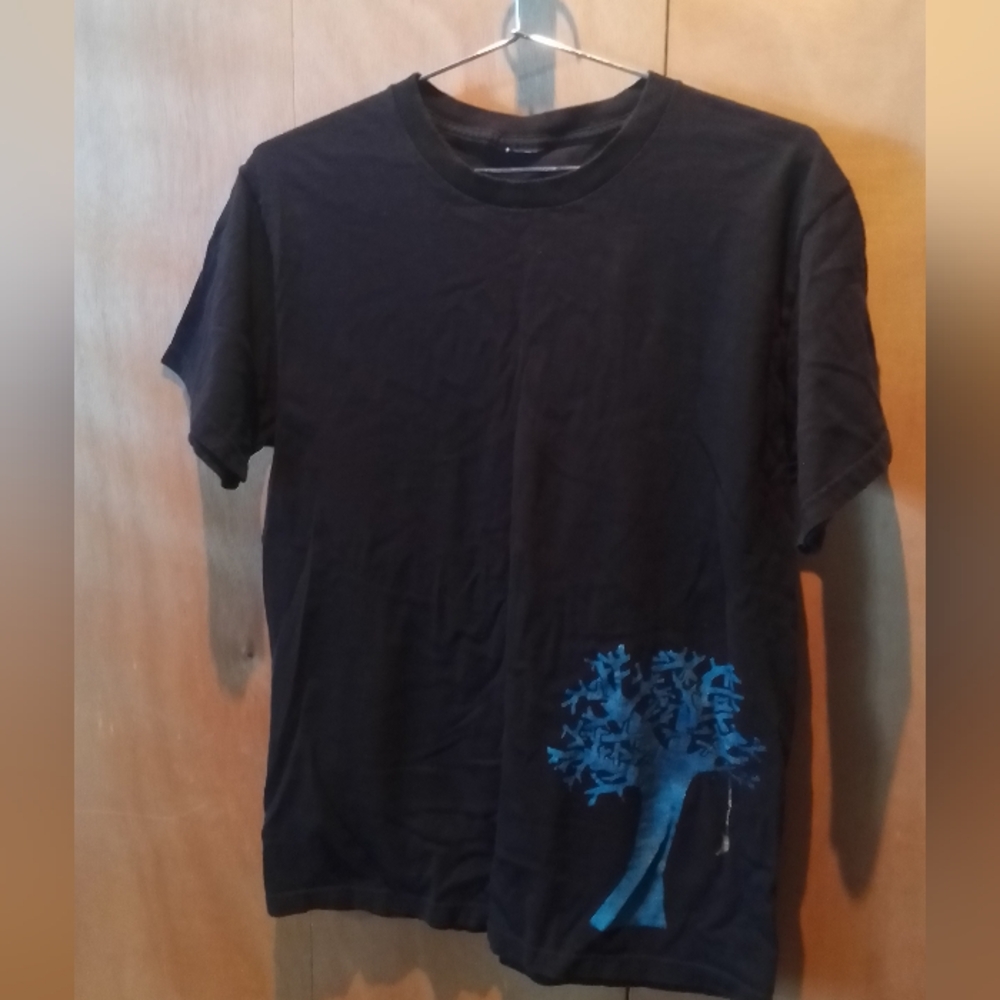 Black T-Shirt with Blue Tree & Moon Design, Size M